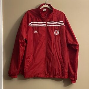 adidas Red Full‑Zip Windbreaker with White Stripe Detail and Boston Red Sox Logo